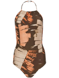 Ferragamo Palm-Print Halterneck Swimsuit — Brown