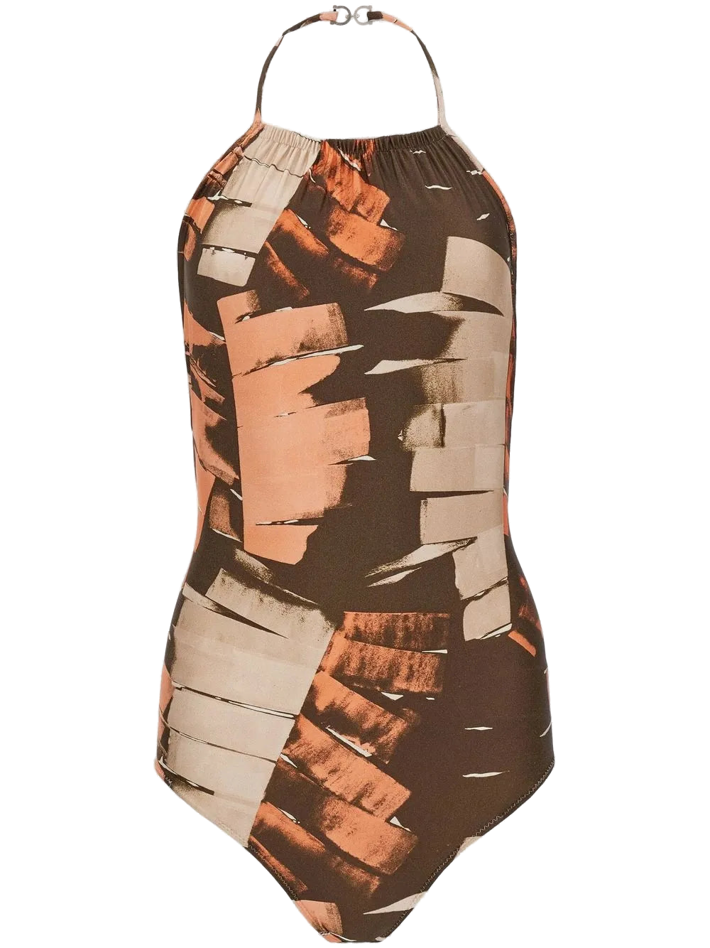 Ferragamo Palm-Print Halterneck Swimsuit — Brown
