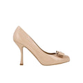 Ferragamo Bow-Embellished Mid-Heel Pump — Beige