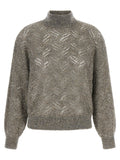 Brunello Cucinelli Perforated Mohair Blend with Lamé Sweater — Gray