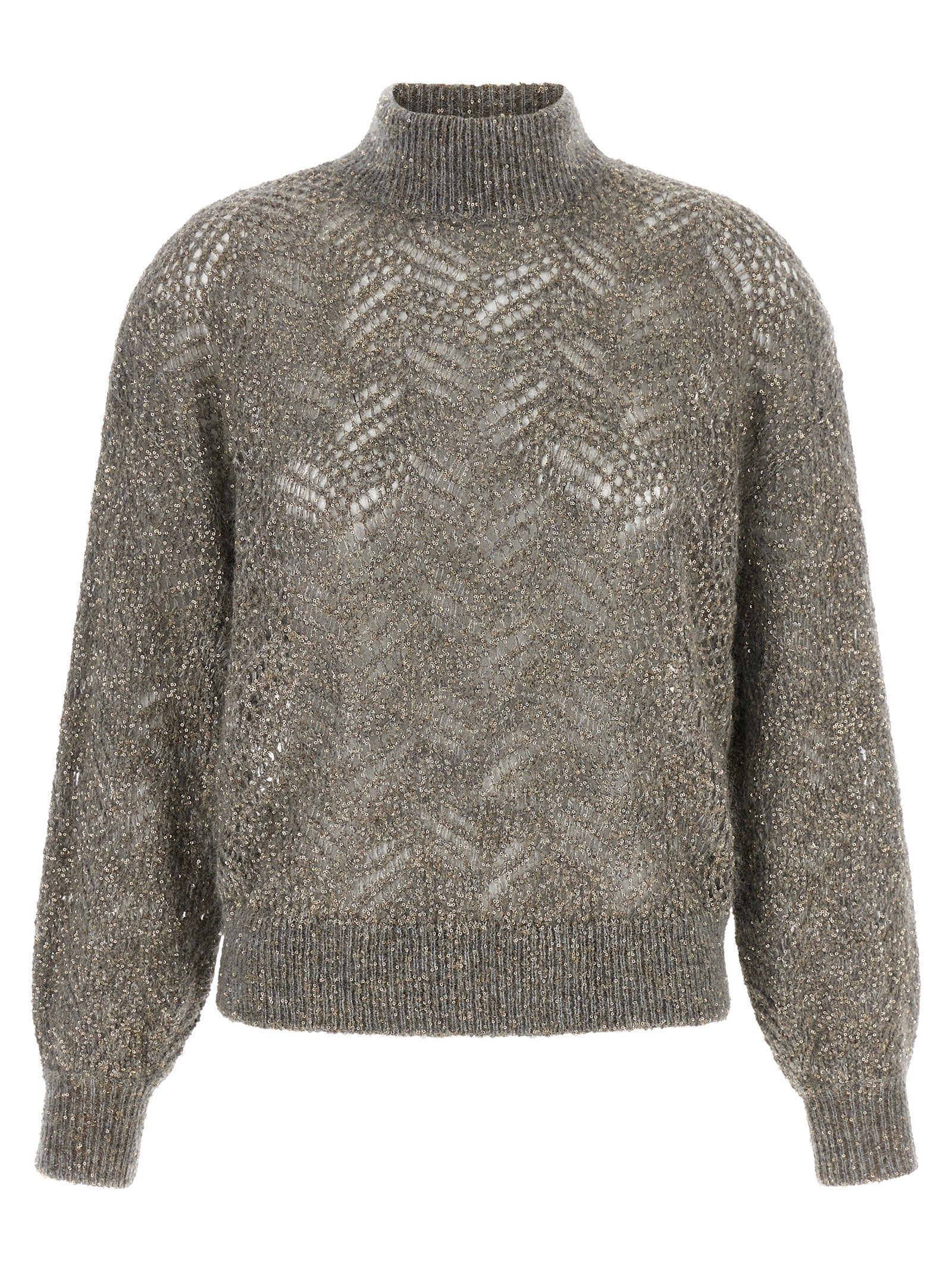 Brunello Cucinelli Perforated Mohair Blend with Lamé Sweater — Gray