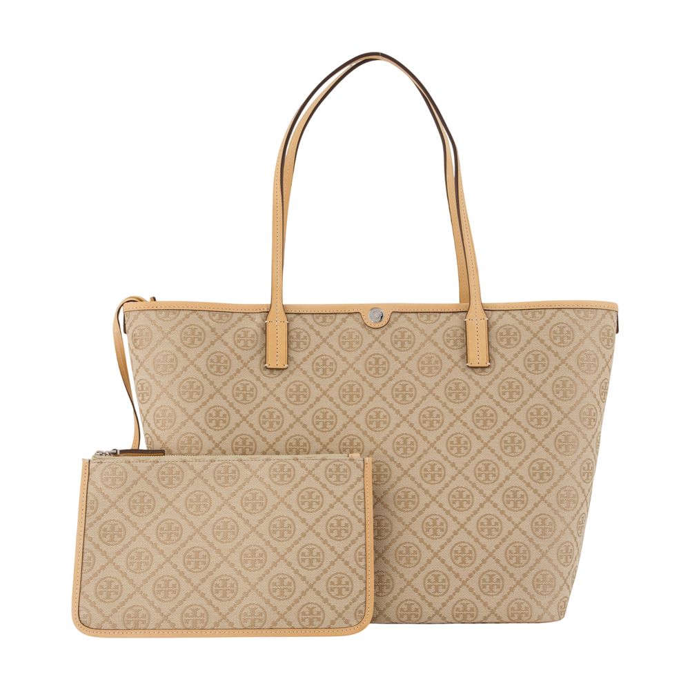Tory Burch Logo-Jacquard Calfskin Tote Bag — Beige