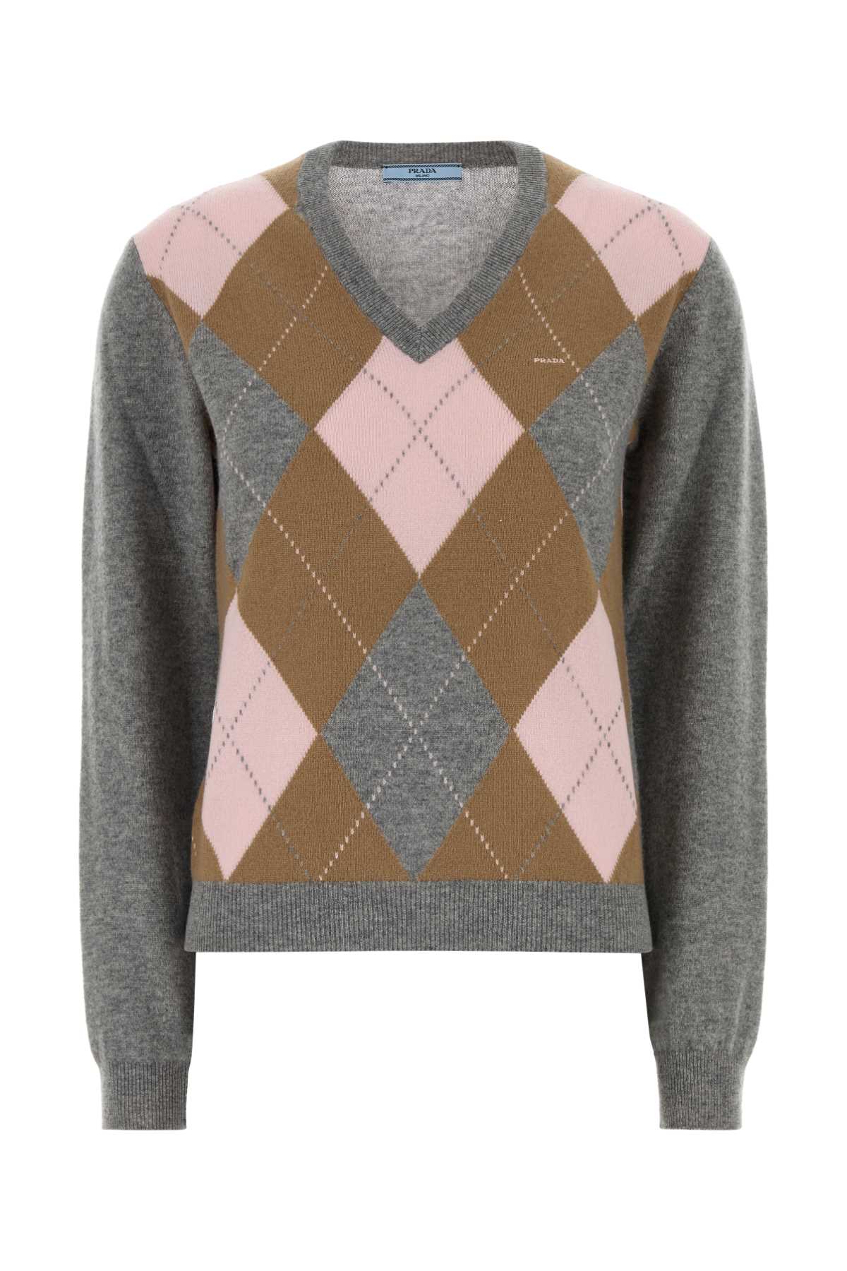Prada Argyle Cashmere Sweater — Gray