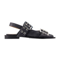 Ganni Buckle-Strapped Leather Flat — Gray