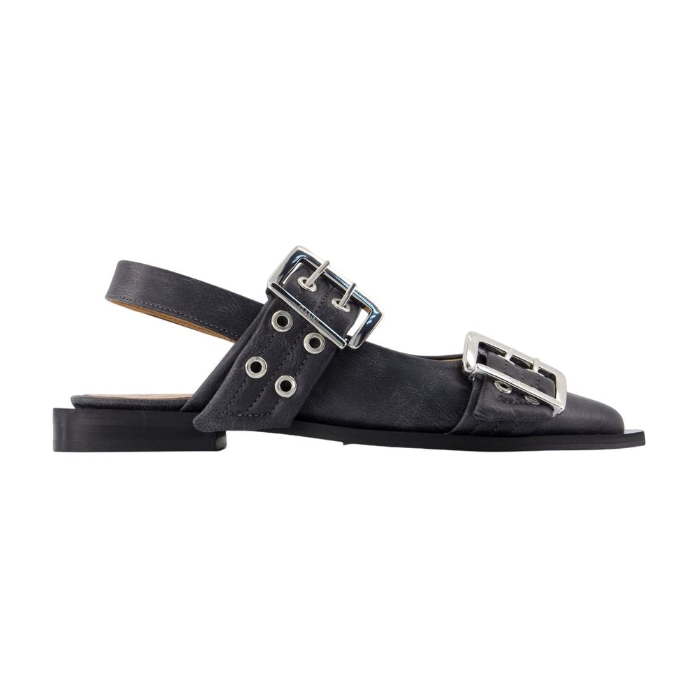 Ganni Buckle-Strapped Leather Flat — Gray
