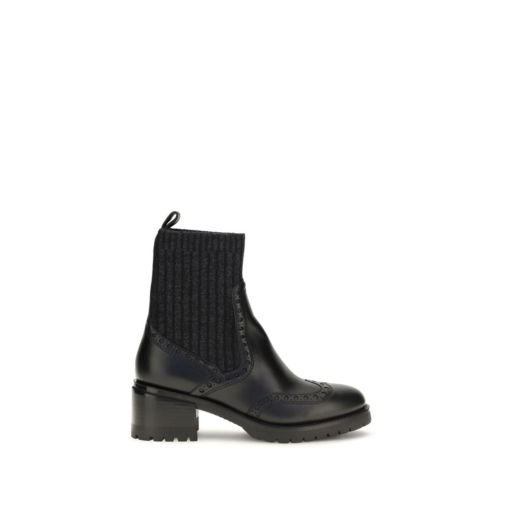Santoni Calfskin Leather with Decorative Wingtip Ankle Boot — Black