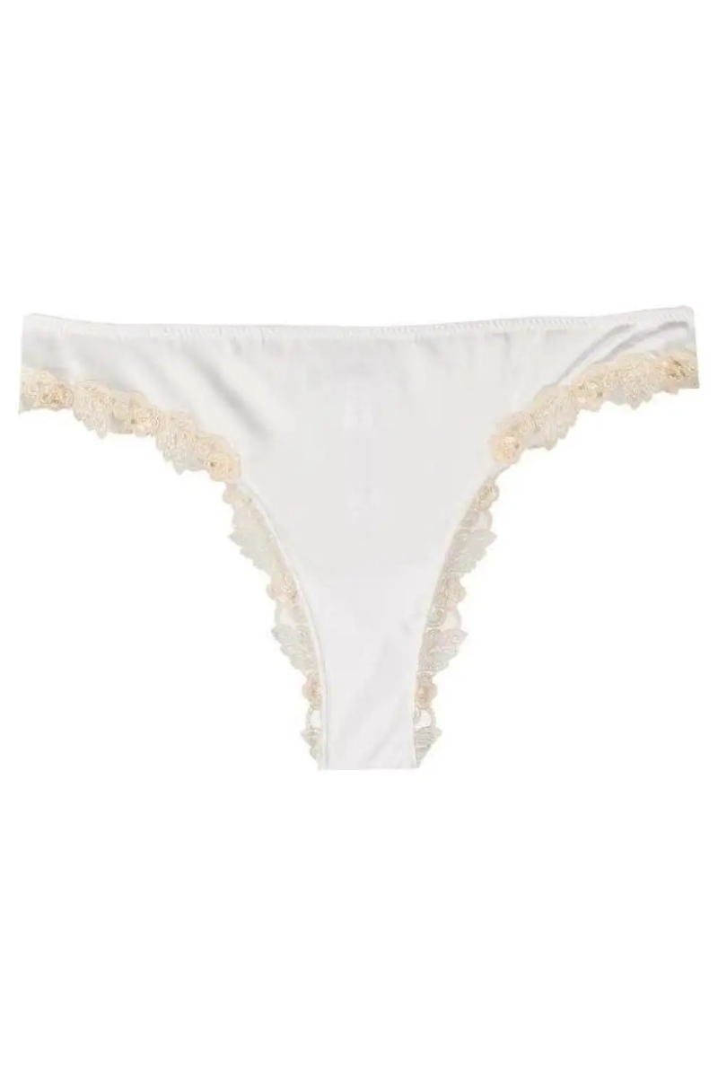 La Perla Silk Satin with Hand-Embroidered Frastaglio Thong — White
