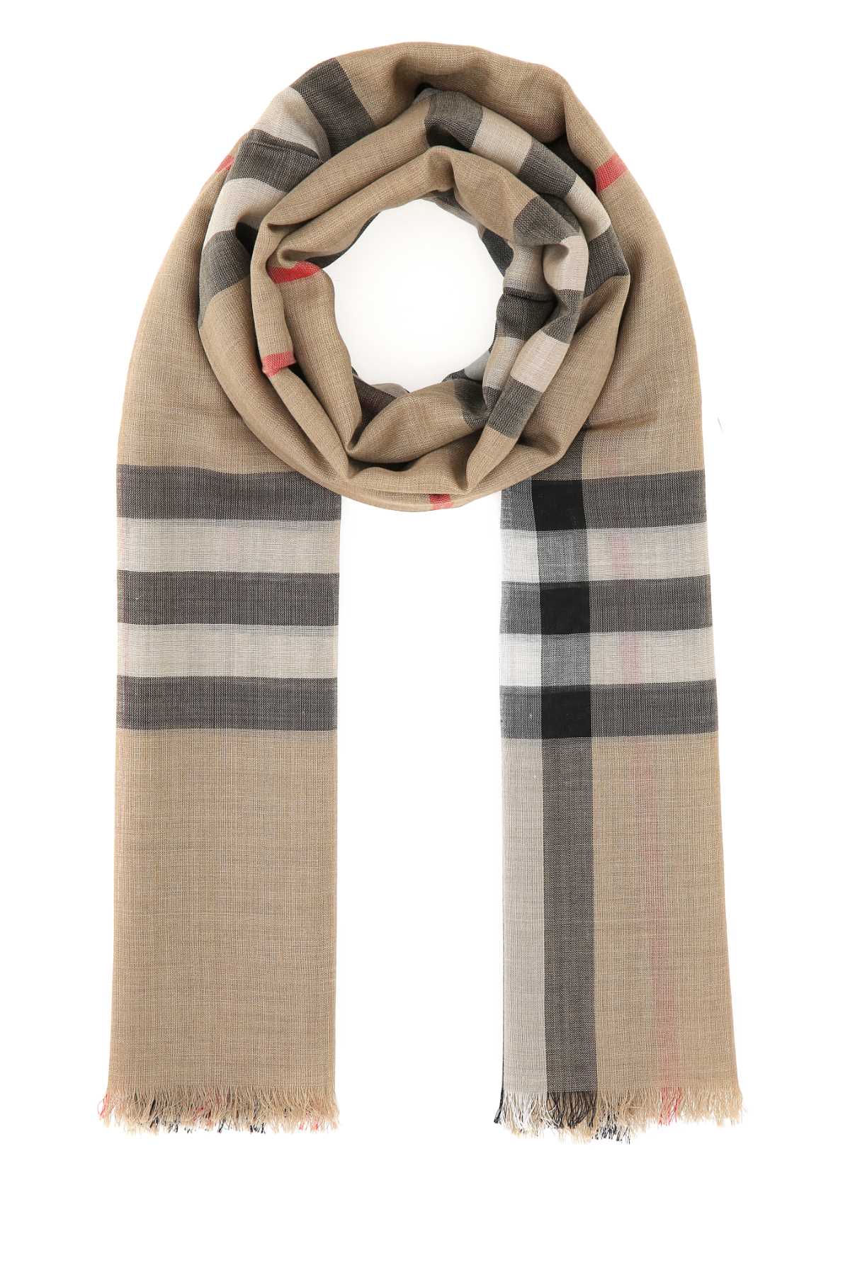 Burberry Wool-Silk Blend Check Scarf — Beige