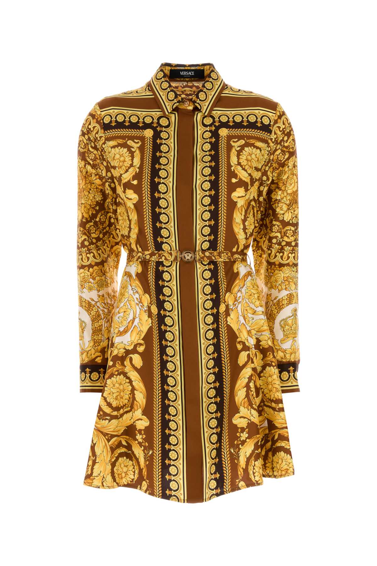 Versace Baroque Print Silk Shirt Dress — Brown