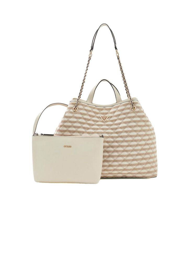 Guess Striped Canvas Tote Bag — Taupe