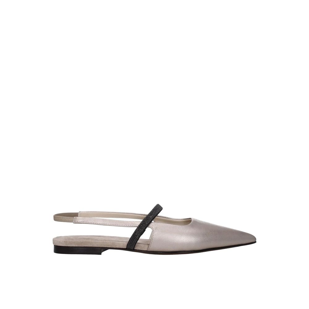 Brunello Cucinelli Pointed-Toe Leather Flat — Beige