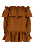 Saint Laurent Cotton Twill Off-Shoulder Dress — Caramel