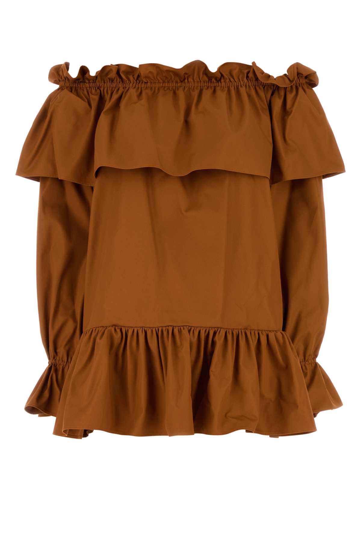 Saint Laurent Cotton Twill Off-Shoulder Dress — Caramel