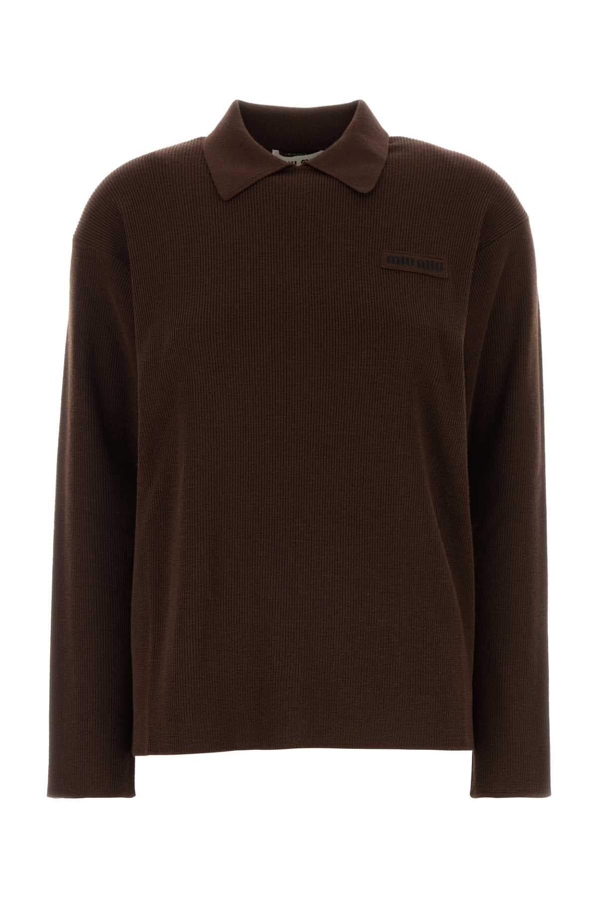 Miu Miu Virgin Wool Ribbed Polo Shirt — Brown
