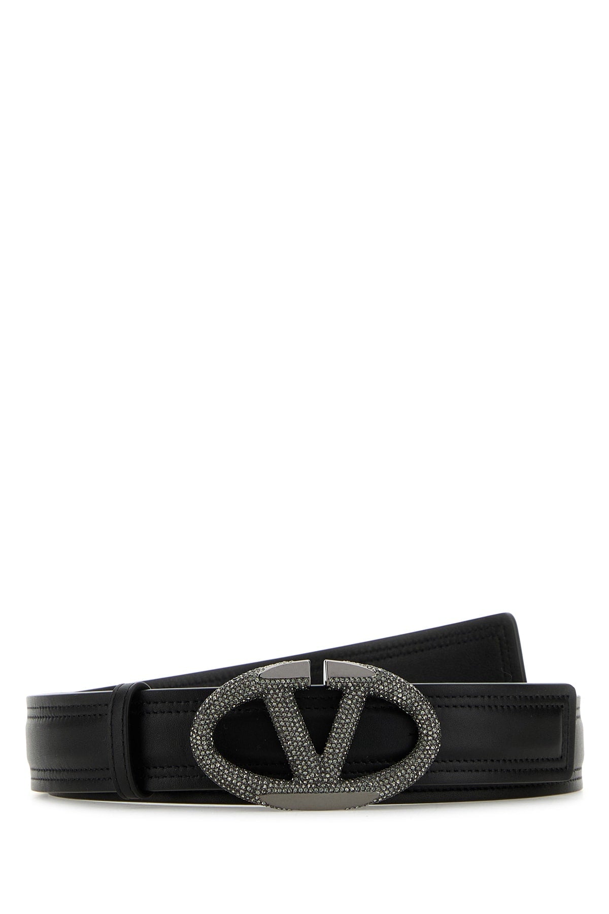 Valentino Garavani Crystal-Embellished VLogo Buckle Belt — Black