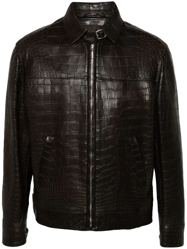 Brioni Lizard-Embossed Calf Leather Jacket — Black