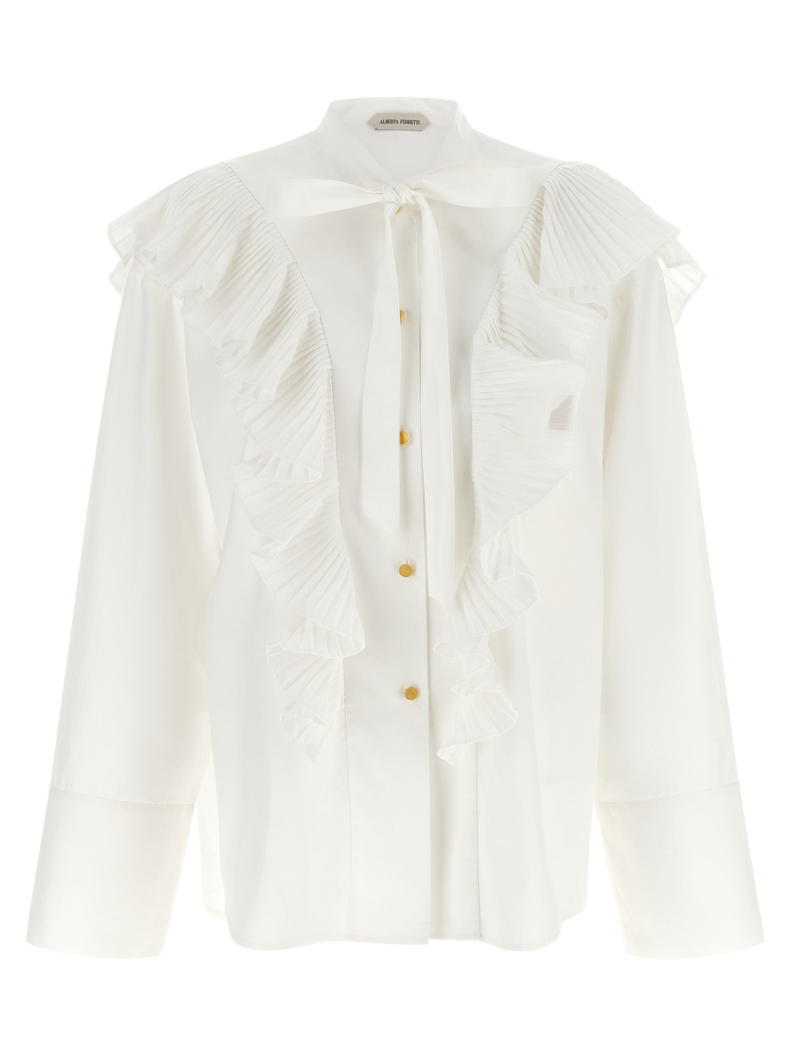 Alberta Ferretti Pleated Ruffle Cotton Blouse — White