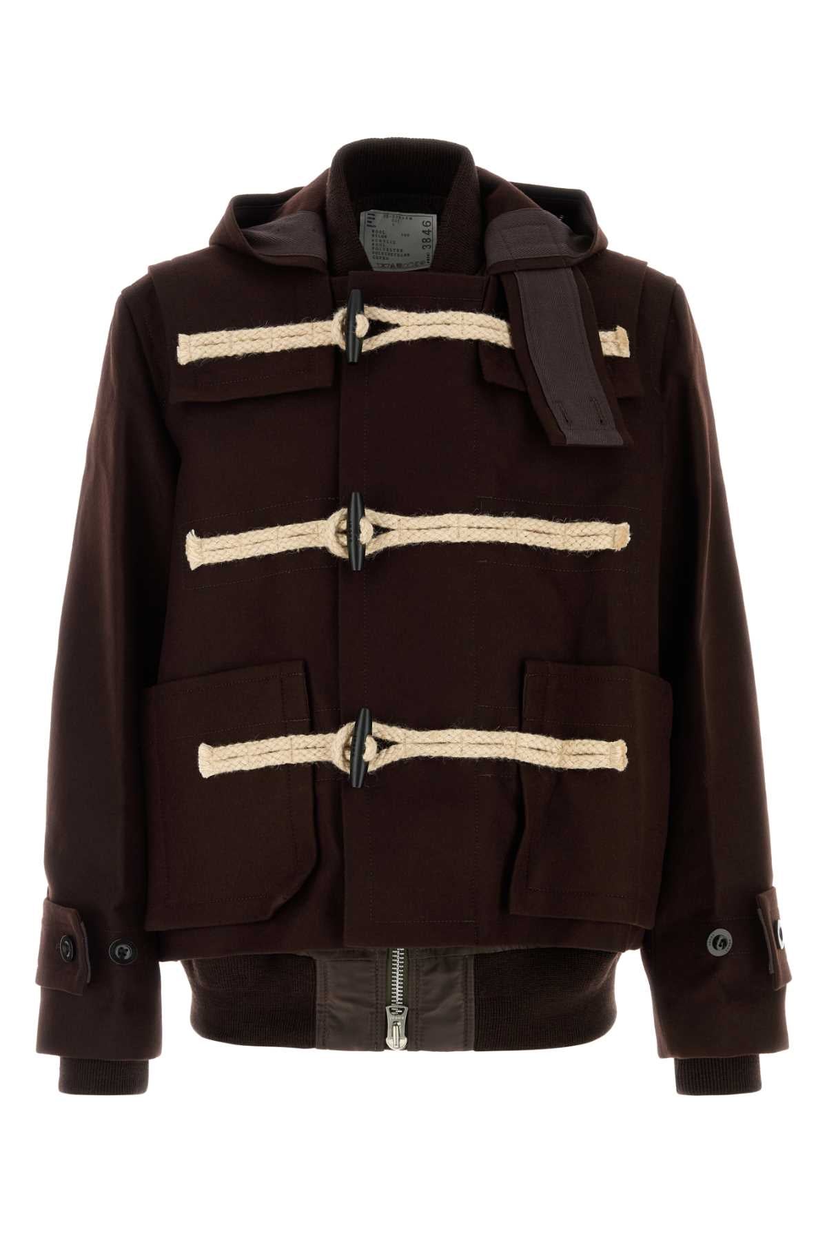 Sacai Wool Duffle with Rope-Toggle Closure Jacket — Brown