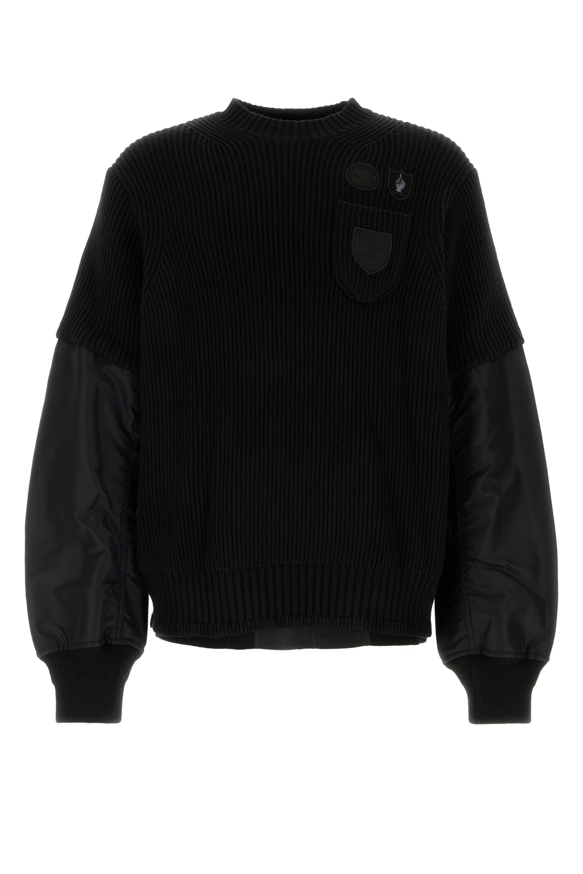 Sacai Ribbed Knit with Nylon Sleeves Sweater — Black