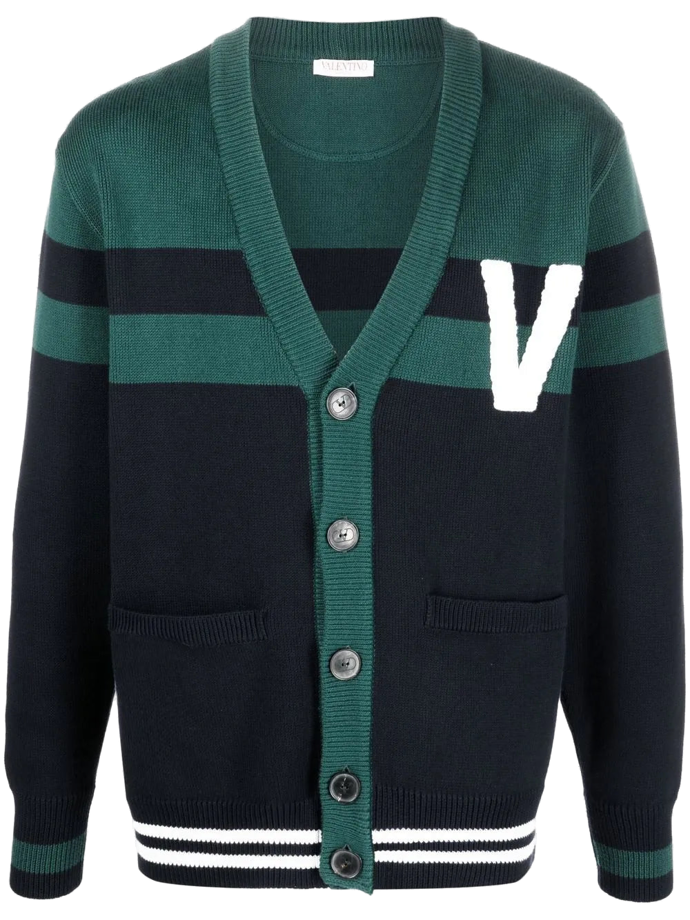 Valentino Striped Cotton-Knit Cardigan — Green