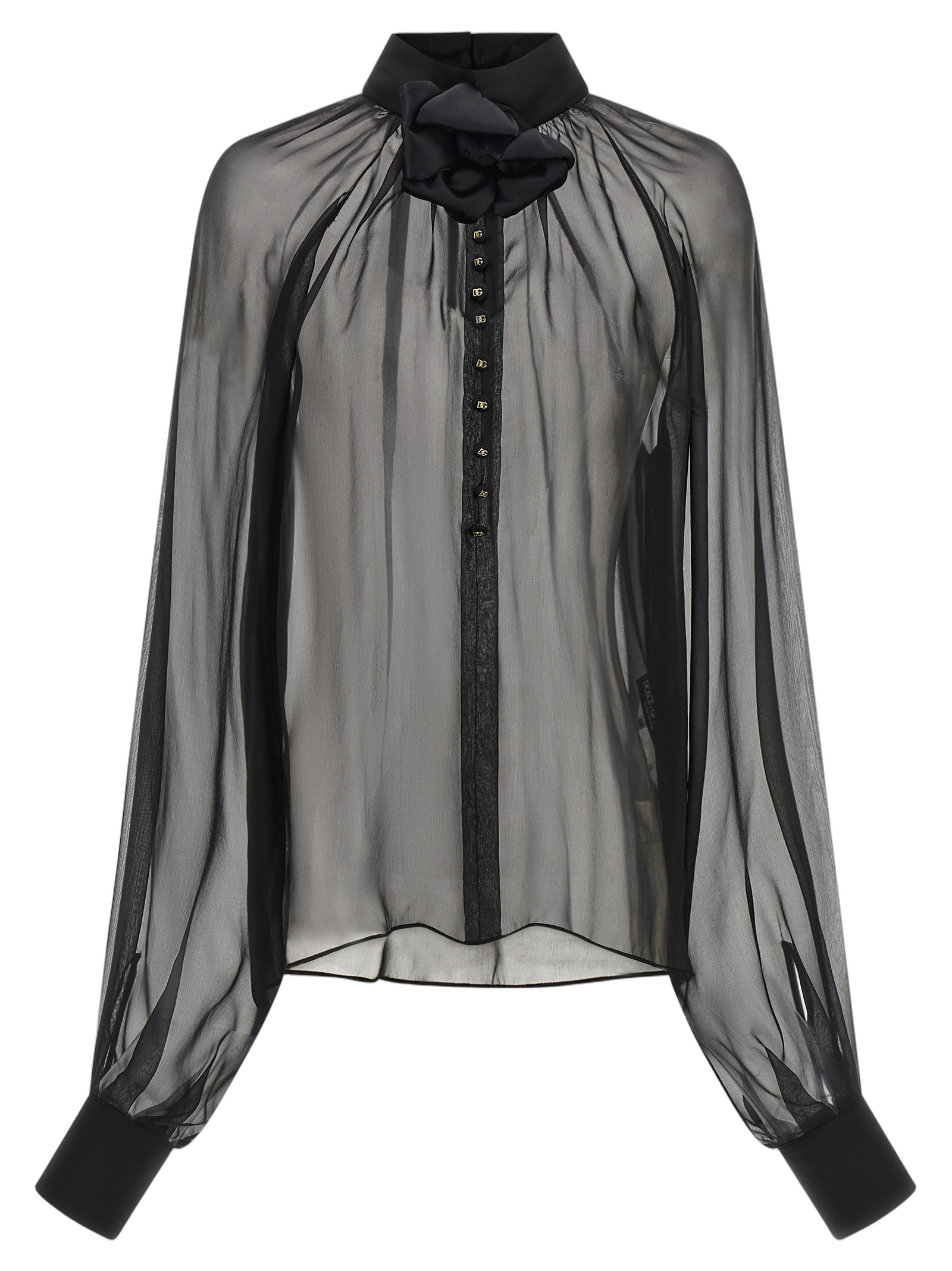 Dolce & Gabbana Silk Chiffon with 3D Floral Collar Blouse — Black