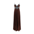 Self-Portrait Lace-Paneled Satin Dress — Brown