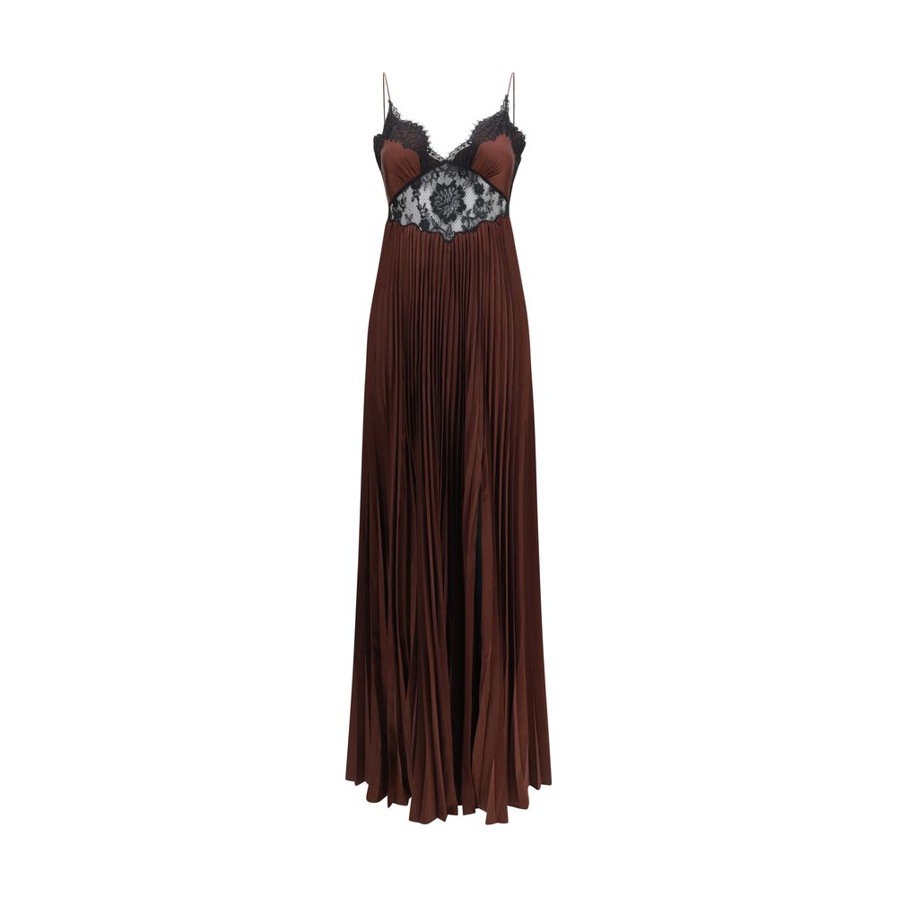Self-Portrait Lace-Paneled Satin Dress — Brown