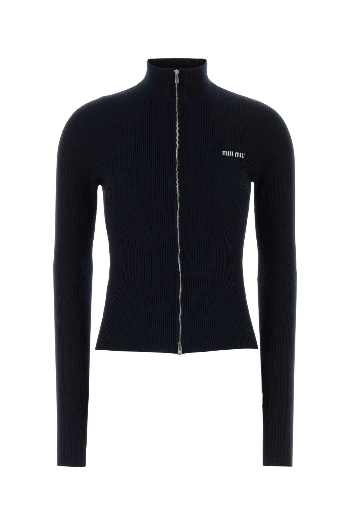Miu Miu Logo-Embroidered Ribbed Cotton Cardigan — Navy