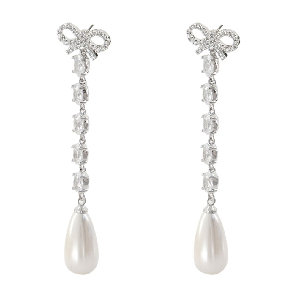 Self-Portrait Bow Pearl Droplet Earrings — Silver