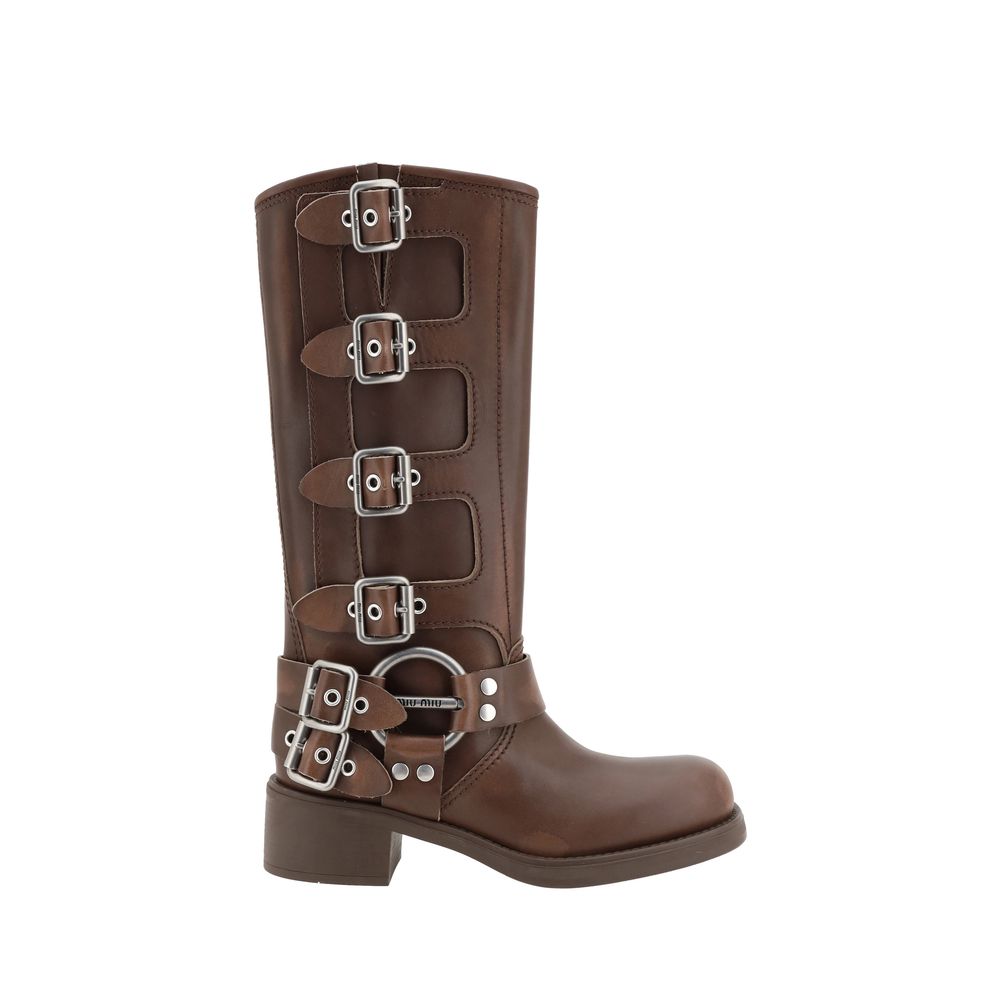 Miu Miu Buckled Calf Leather Boot — Brown
