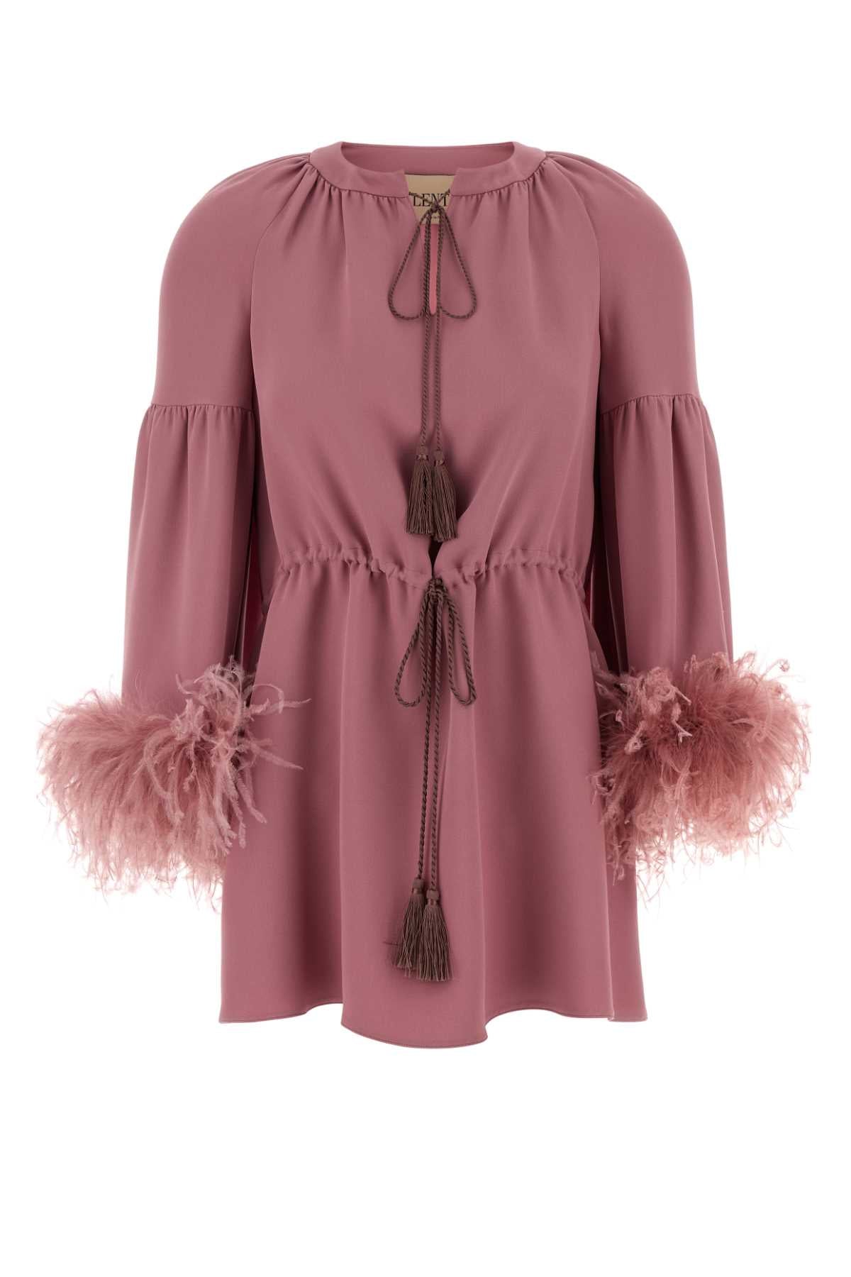 Valentino Garavani Silk with Feathered Cuffs Blouse — Rose