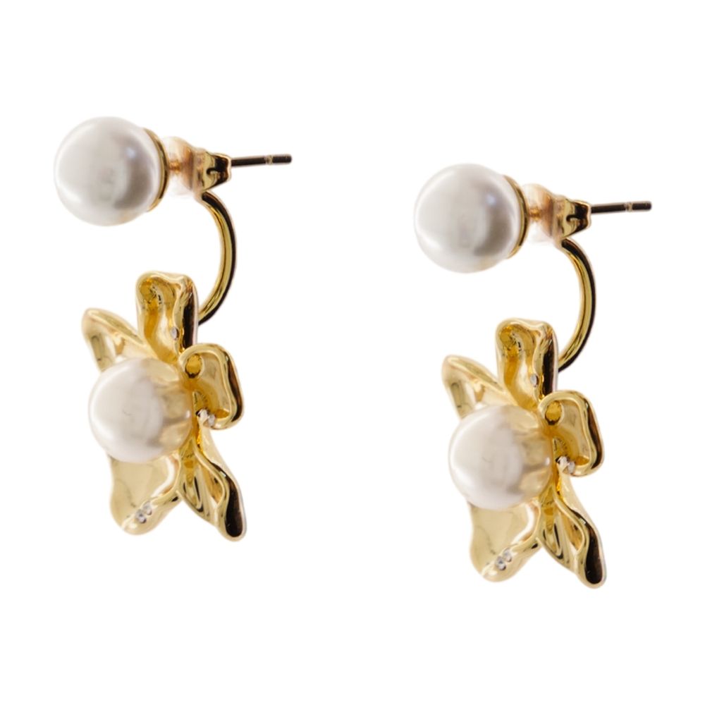 Self-Portrait Flower Pearl Jacket Earrings — Gold