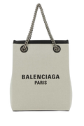 Balenciaga Logo-Print Canvas Shoulder Bag — Beige