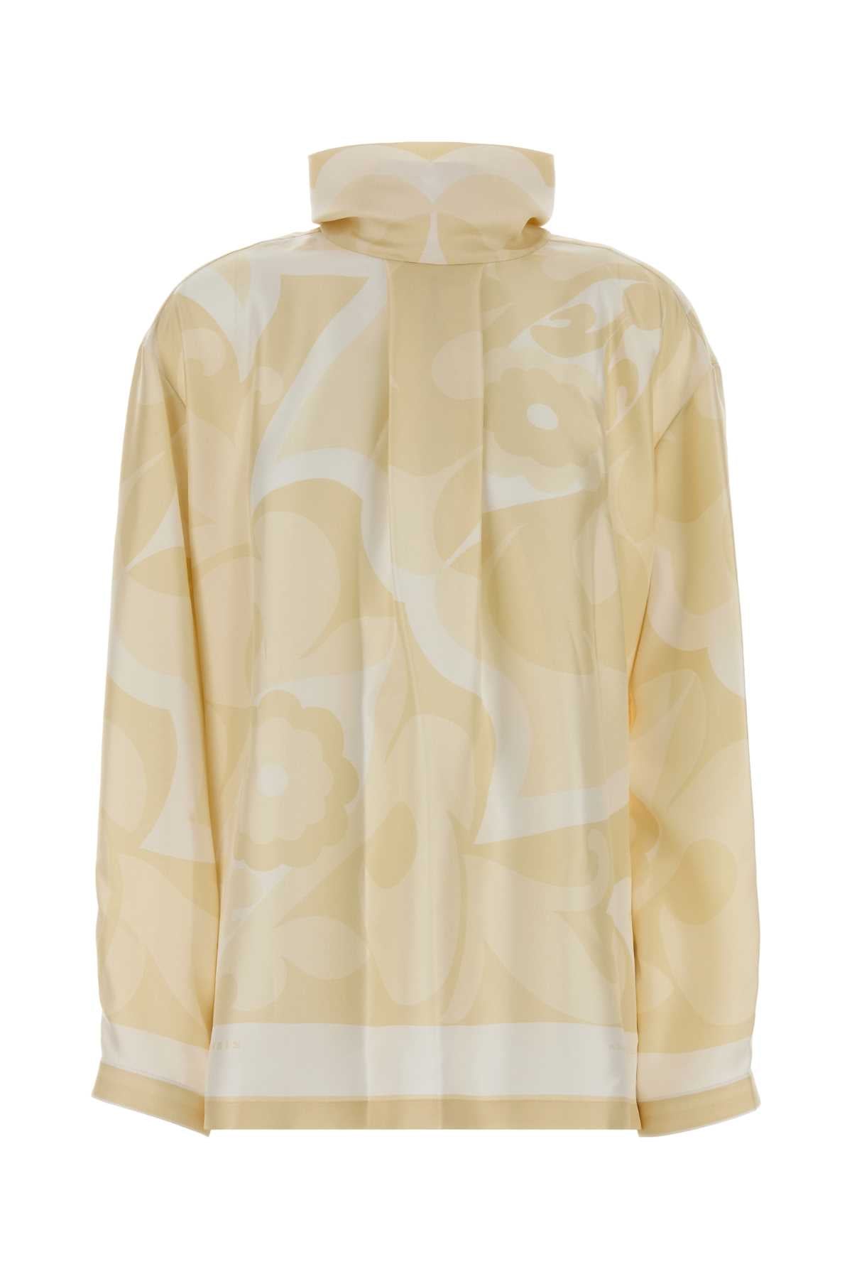 Carven Daisy-Print Silk Shirt — Beige