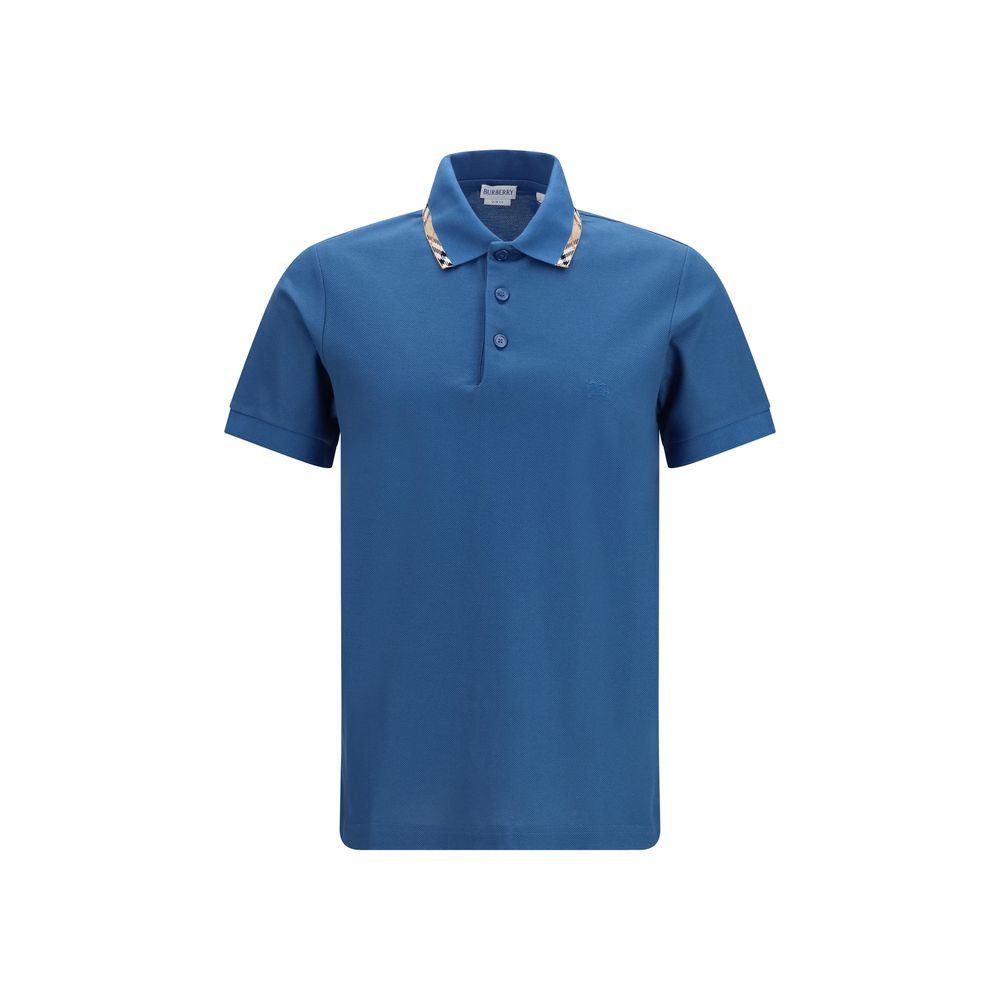 Burberry Check-Trim Cotton Polo Shirt — Blue