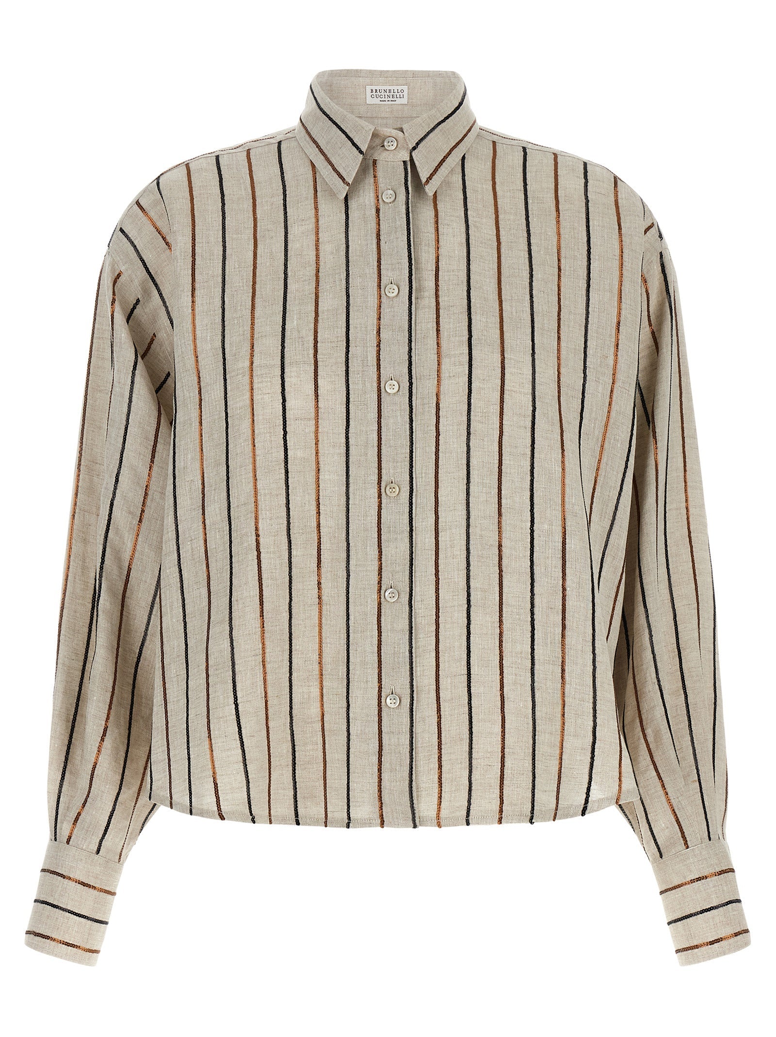 Brunello Cucinelli Striped Linen Blouse — Beige