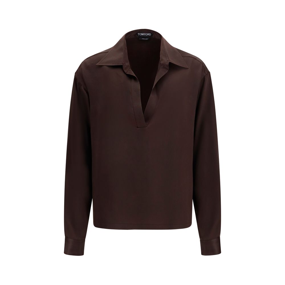 Tom Ford Silk V-Neck Blouse — Brown