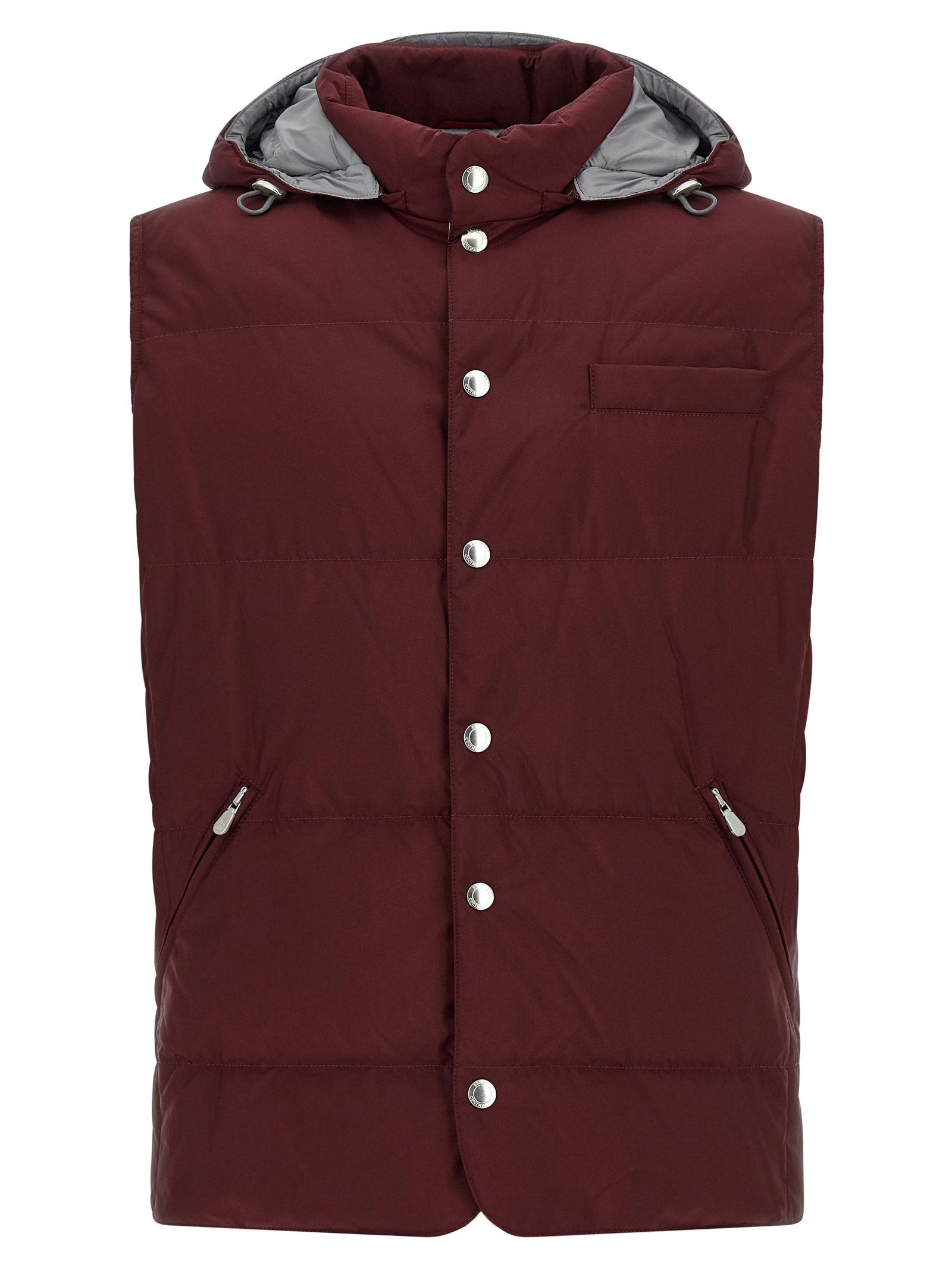 Brunello Cucinelli Quilted Padded Hooded Vest — Burgundy