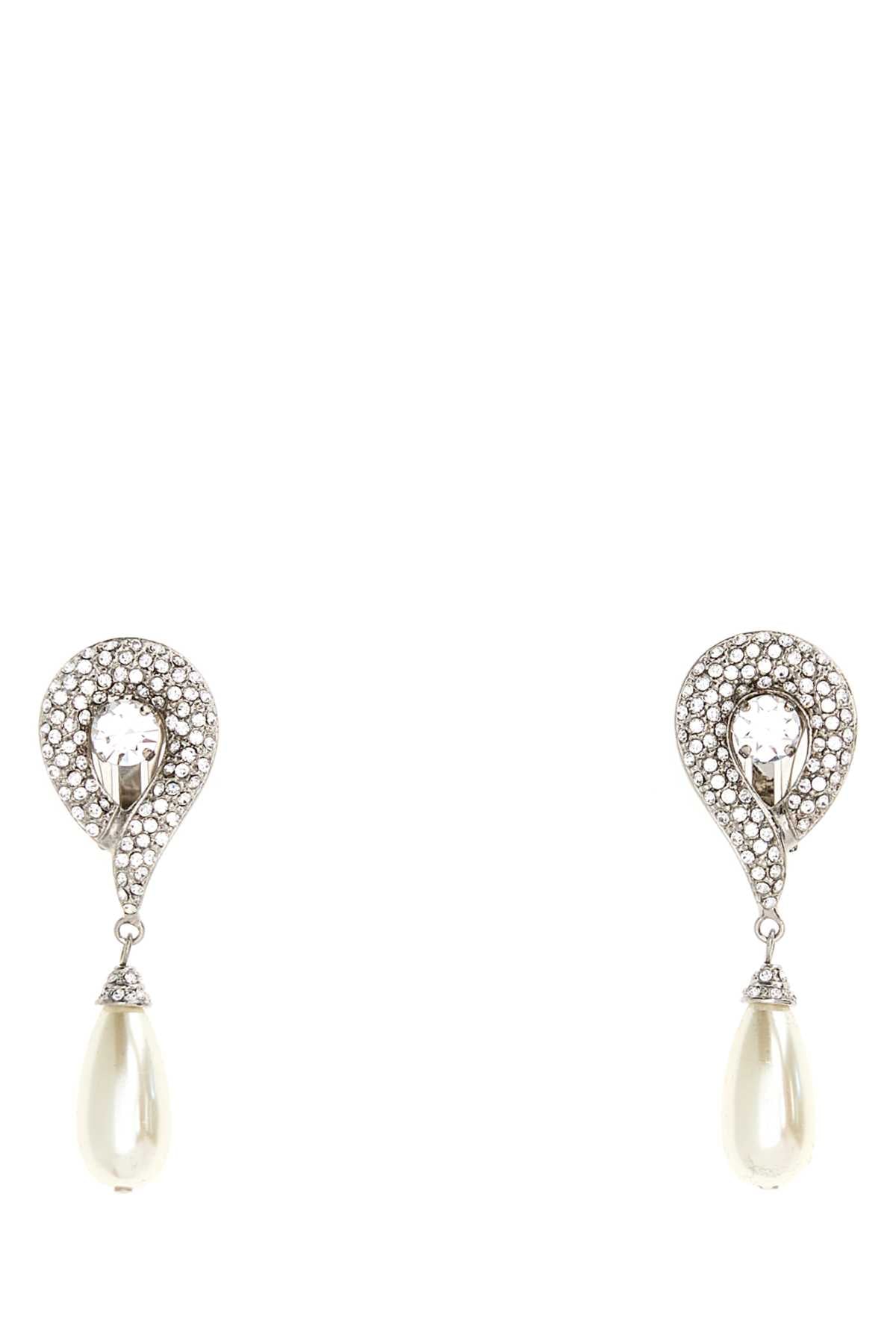 Alessandra Rich Crystal & Pearl Drop Earrings — Silver