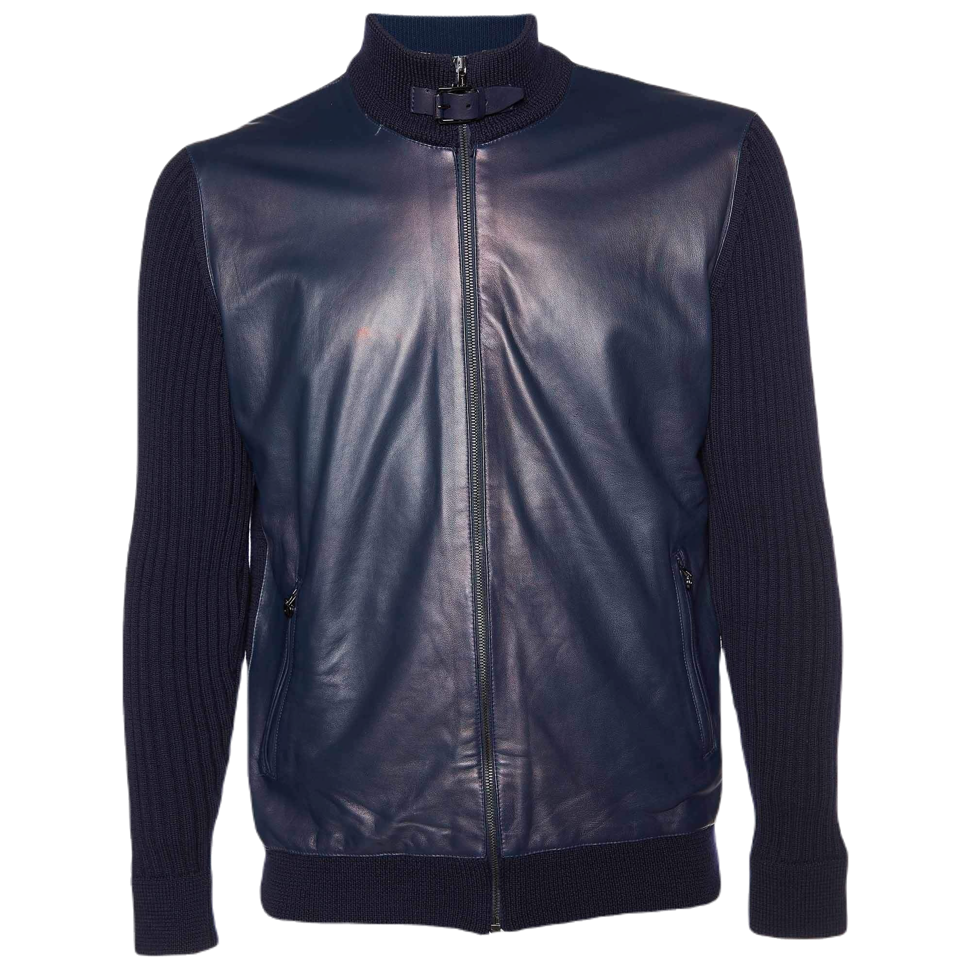 Ferragamo Leather & Wool Knit Zip Front Jacket — Navy