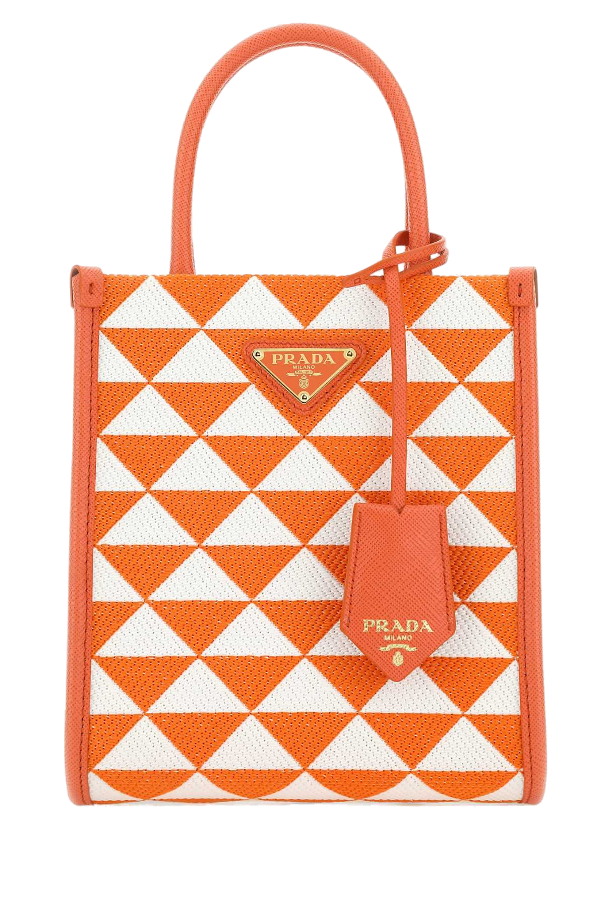 Prada Embroidered Geometric Piqué Top Handle Bag — Orange
