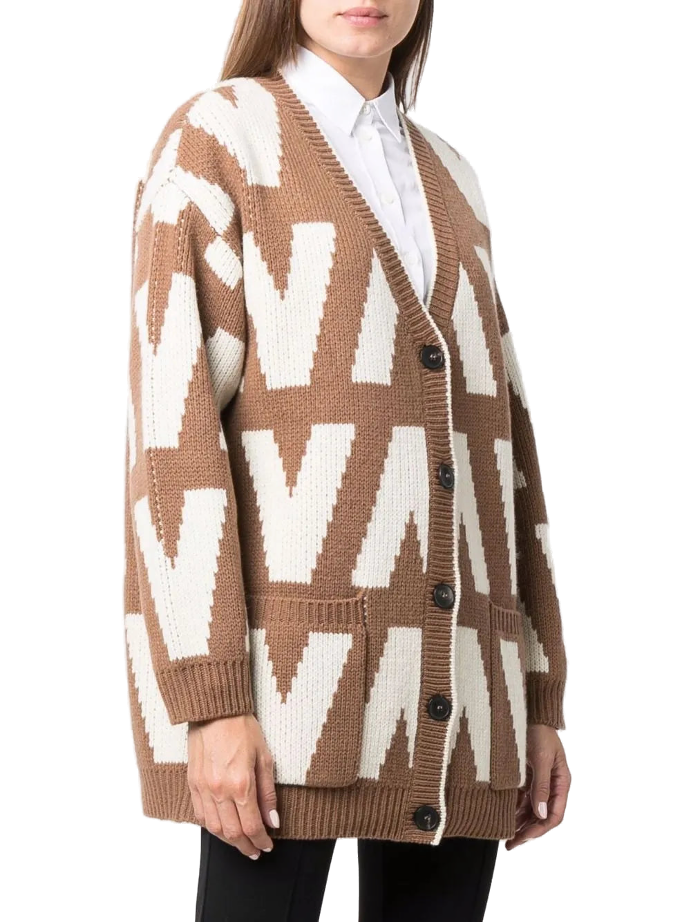 Valentino Logo-Intarsia Virgin Wool Cardigan — Brown