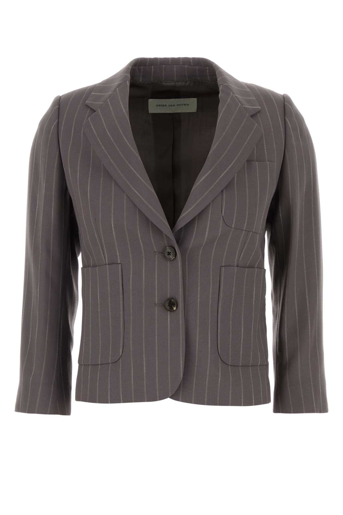 Dries Van Noten Pinstriped Wool Blazer — Gray