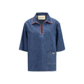 Valentino Garavani Red-Trimmed Denim Shirt — Blue