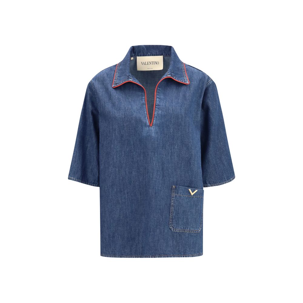 Valentino Garavani Red-Trimmed Denim Shirt — Blue