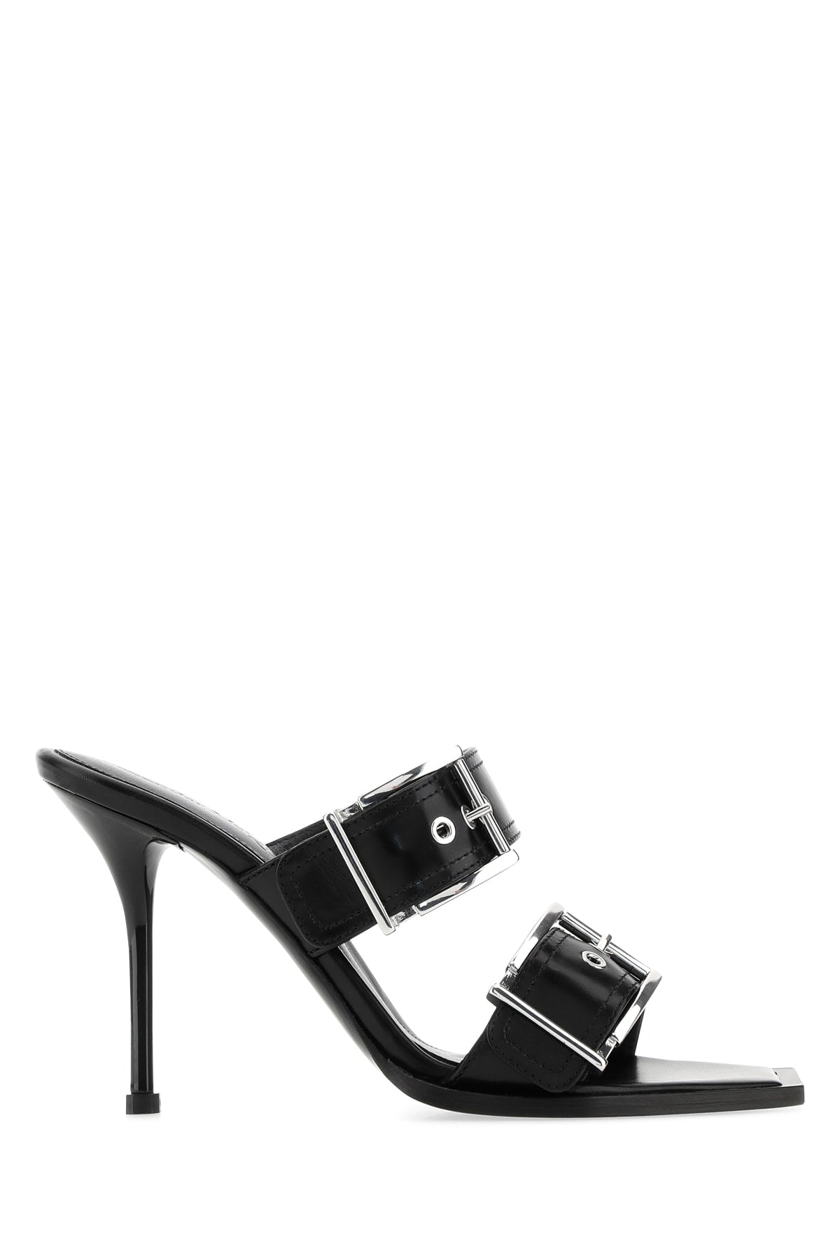 Alexander McQueen Buckle-Embellished Leather Heel Sandal — Black