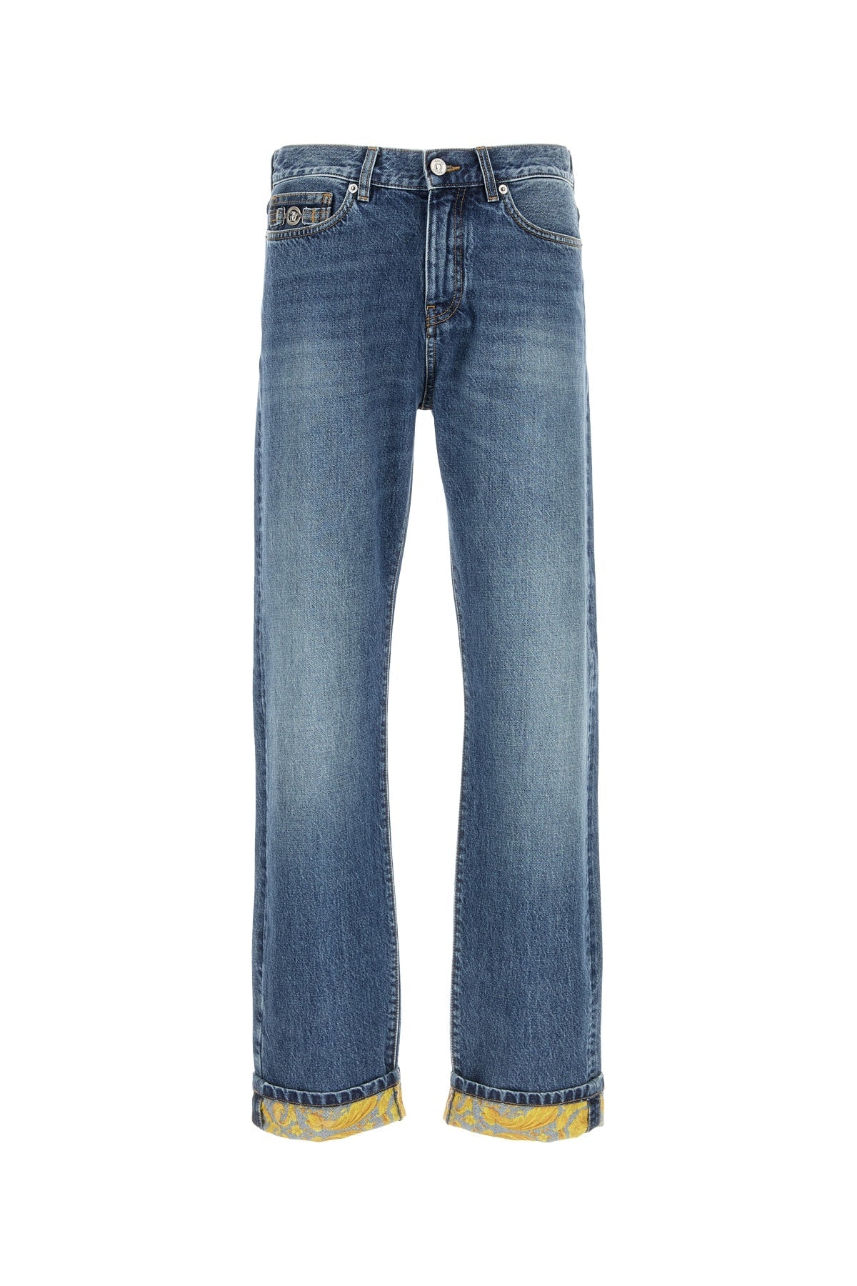 Versace Printed-Cuff Denim Jeans — Blue