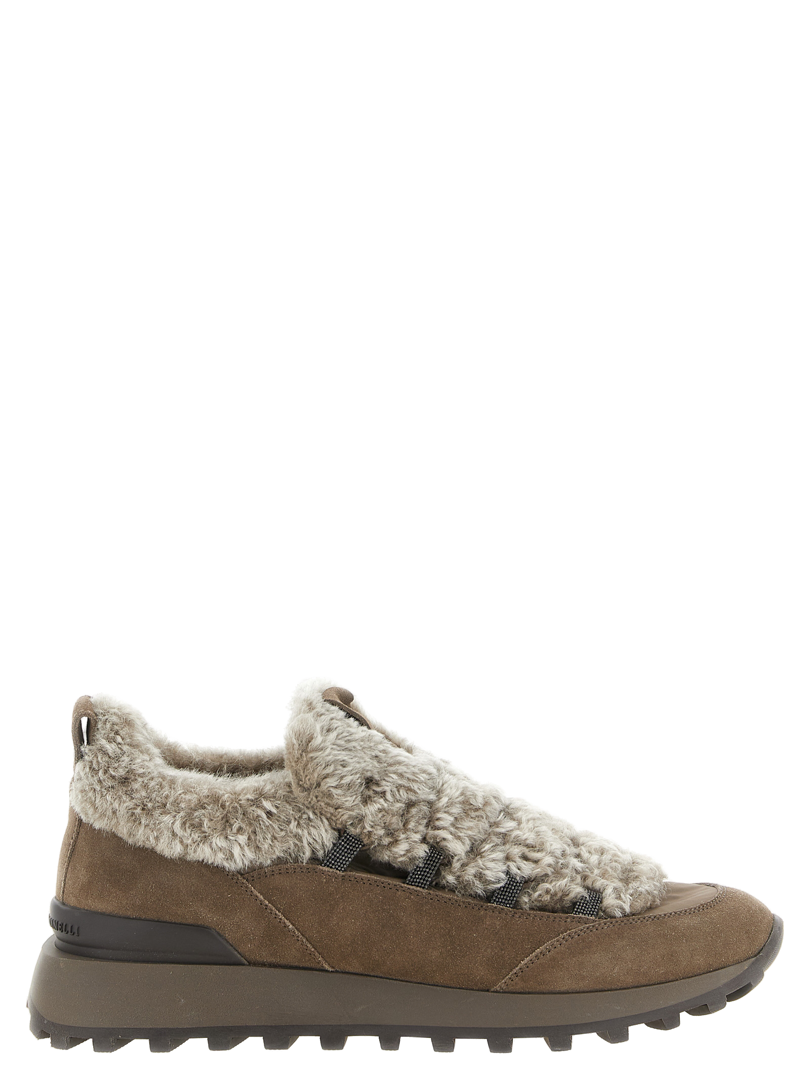 Brunello Cucinelli Shearling-Lined Suede Sneaker — Brown