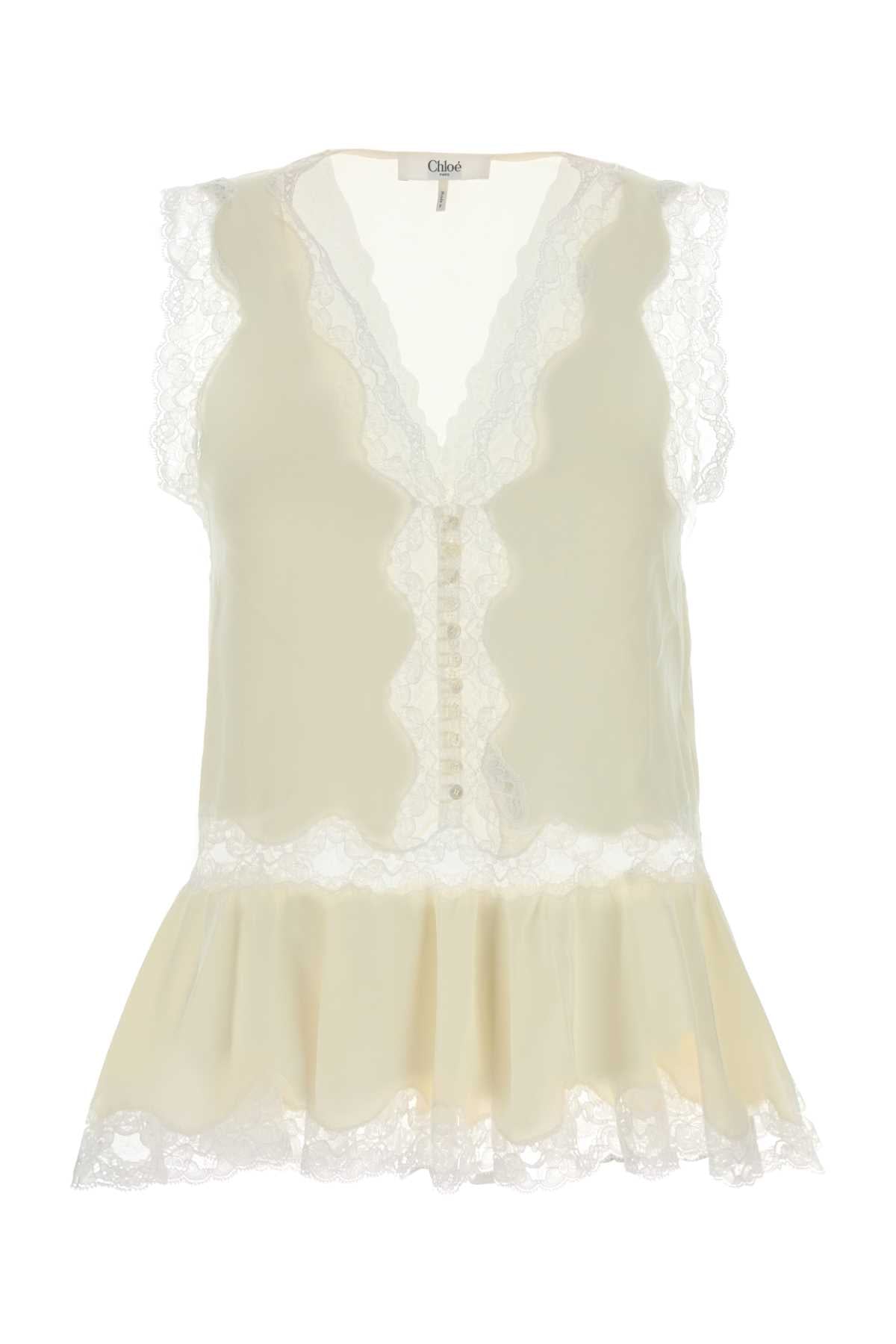 Chloé Lace-Trimmed Silk Blouse — Cream