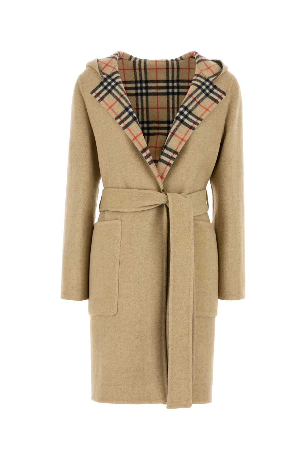 Burberry Wool Check Hooded Coat — Beige